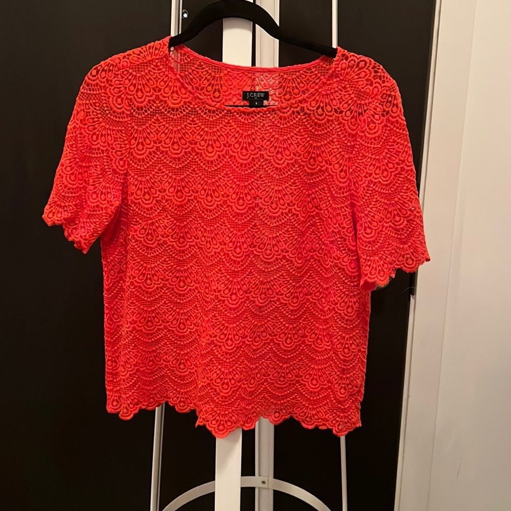 J crew coral lace crochet top with scallop sleeves and bottom - small